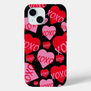 Coque Pour iPhone 15 Valentine XOXO Coeur rose rouge Motif moderne noir