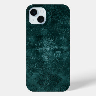 Coque iPhone 15 Mini Velvety Turquoise Damask | Grunge vert foncé Baroq