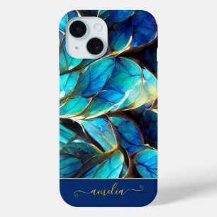 Coque Pour iPhone 15 Verre bleu Abstrait Fractal Monogramme