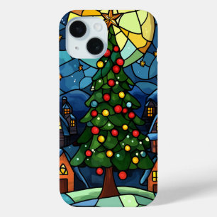 Coque Pour iPhone 15 Verre Tiré Arbre de Noël Vacances Scène de nuit