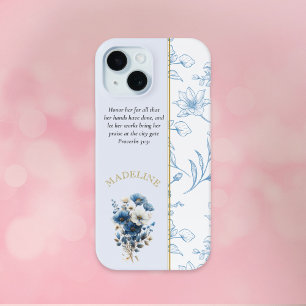 Coque Pour iPhone 15 Verse de la Bible Florale Blanche Bleue Moderne