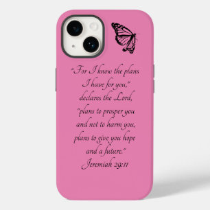 Coque Pour iPhone 14 Verset Bible Personnalisé Rose avec Papillon