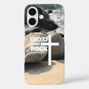 Coque Pour iPhone 16 Verset biblique Dieu est mon Rocher Croix blanche