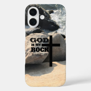 Coque Pour iPhone 16 Verset biblique Dieu est mon Rocher Croix noire Ch
