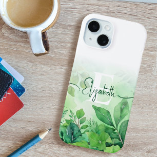 Coque Pour iPhone 15 Vert aquarelle feuille élégant Script Monogramme
