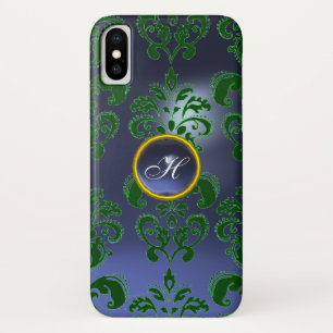 Coque iPhone X VERT BLEU DAMASK MONOGRAMME EN PIERRE DE GEMME Flo
