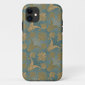 Coques Pour iPhone vert canard foncé et damas or et vert