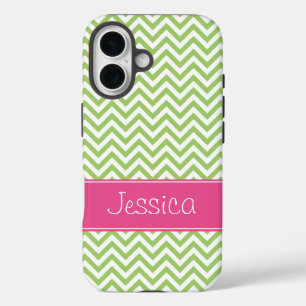 Coque Pour iPhone 16 Vert Chevron Chic Rose Personnalisé