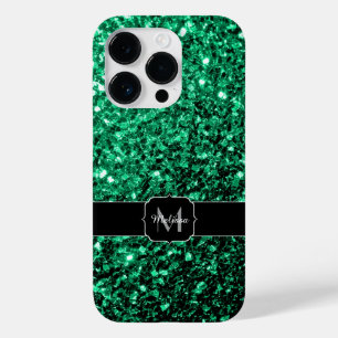 Coque Pour iPhone 14 Pro Vert émeraude faux paillettes scintillent Monogram