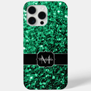 Coque iPhone 15 Pro Max Vert émeraude faux paillettes scintillent Monogram