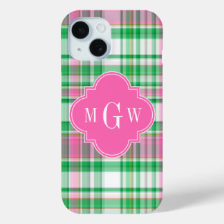 Coque Pour iPhone 15 Vert émeraude rose chaud blanc Madras prépa Monogr