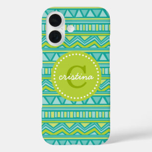Coques iPhone 16 Vert et Turquoise Aztec Chevron Monogramme personn
