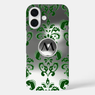 Coques iPhone 16 VERT GRIS BLANC DAMASK GEMSTONE MONOGRAM Floral