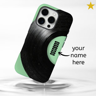 Coques iPhone 16 Pro Vert Menthe Disque Vinyle Rétro Nom Personnalisé