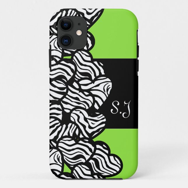 Coques Case-Mate iPhone Vert noir blanc zèbre motif coeur monogramme (Dos)