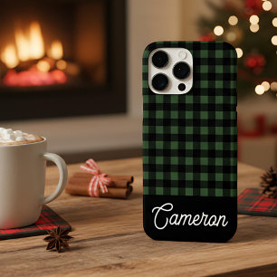 Coques iPhone 16 Pro Max Vert & Noir Buffalo Plaid Nom Personnalisé