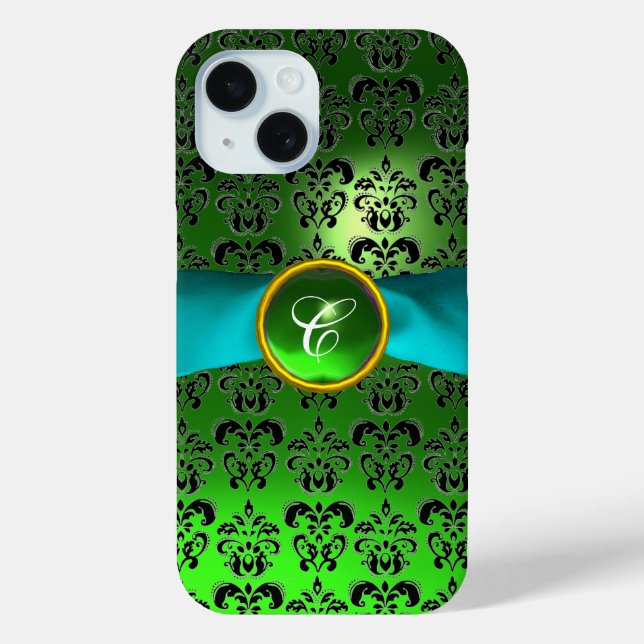 Coques Case-Mate iPhone VERT NOIR DAMASK GEM MONOGRAM Aqua Blue Ribbon (Verso)