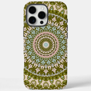 Coques iPhone 16 Pro Max Vert olive et motif mandala pastel