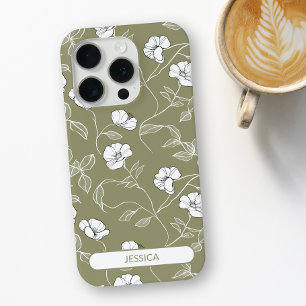 Coque iPhone 15 Pro Vert olive Fleur Simple Floral Moderne Nom