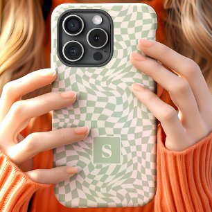 Coque Pour iPhone 15 Vert sauge monogrammé à carreaux ondulés
