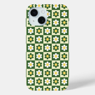 Coque Pour iPhone 15 Vert sauge rétro et damier de marguerite crème
