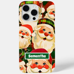 Coque iPhone 15 Pro Max Vert Vintage Père Noël Tartan Plaid Noël
