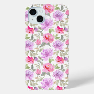 Coque iPhone 15 Mini Vibe Printanier Frais : Dessin Floral Rose et Viol