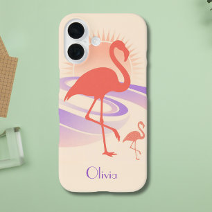 Coque Pour iPhone 16 Vibes Rétro Flamant des Années 80 – Coucher de Sol