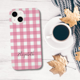 Coque Pour iPhone 14 Vichy rose blanc à carreaux plaid Buffalo