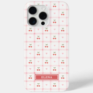 Coque iPhone 15 Pro Max Vichy rouge avec cerises et noeuds monogrammé
