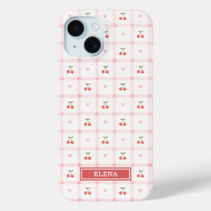 Coque Pour iPhone 15 Vichy rouge avec cerises et noeuds papillon monogr