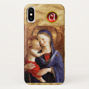 Coque iPhone X VIERGE AVEC ENFANT Rouge Ruby Monogramme