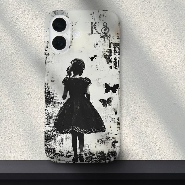 Coques Case-Mate iPhone Vieux Grunge Girl Silhouette Papillon Monogramme (Créateur téléchargé)