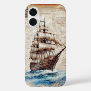 Coque Pour iPhone 16 Vieux navire dans l'océan sur parchemin