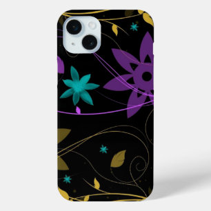 Coque iPhone 15 Mini Vignoble floral pourpre et turquoise
