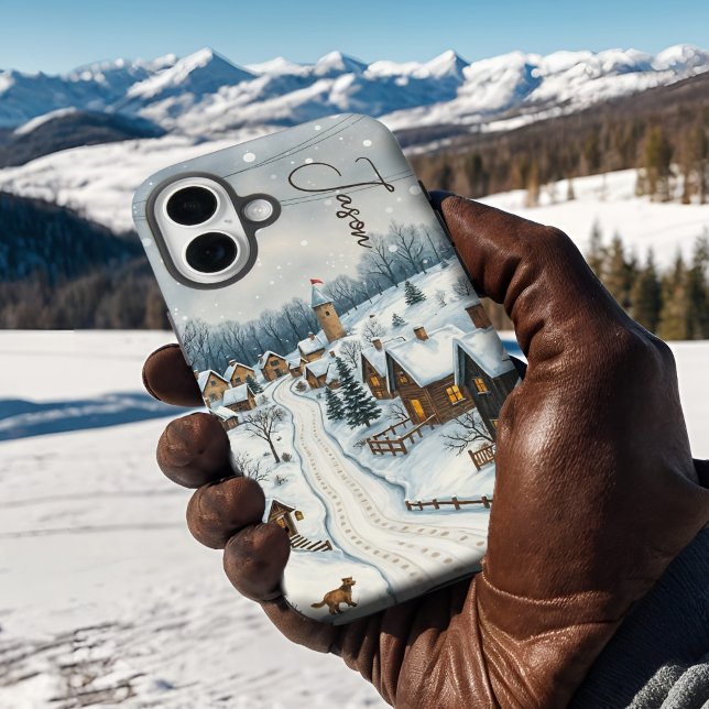 Coques Case-Mate iPhone Village d'hiver Snowy Rustic Town Scène Nostalgale (Winter village personalized phone case, a charming snowy landscape of nostalgic old world charm.)