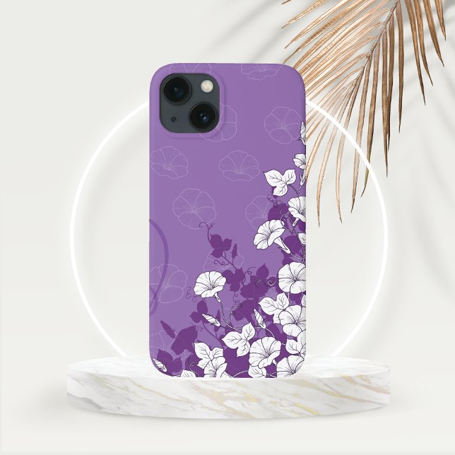 Coques Case-Mate iPhone Vin d'Escalade de gloire blanc avec pourpre (White Morning Glory Flowering Vine with Purple Background Phone Case)