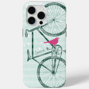 Coque iPhone 15 Pro Max Vintage Bird Emerald Green Bike Motif