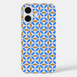 Coque Pour iPhone 16 Vintage Bleu Brown Barcelona Pétales Carreaux géom