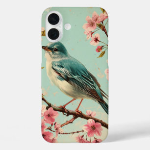 Coques iPhone 16 Plus Vintage bleu oiseau rose cerisier fleurs florales