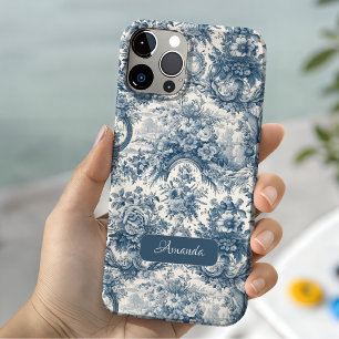 Coque Pour iPhone 14 Vintage Bleu Toile De Jouy Monogramme Français