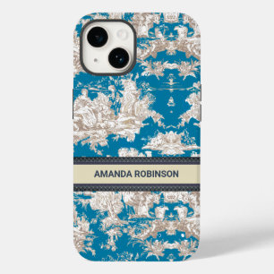 Coque Pour iPhone 14 Vintage bleu turquoise toile de jouy monogramme