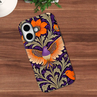 Coque Pour iPhone 16 Vintage Botanical Birds in Orange and Purple