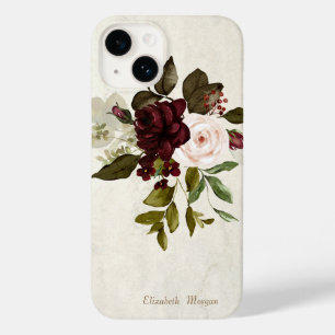 Coque Pour iPhone 14 Vintage Chic Dentelle Bourgogne Fleurs