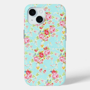 Coque Pour iPhone 15 Vintage chic fleurs roses bleu coquette