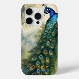 Coque iPhone 15 Pro Vintage Elégant Peacock Feathers Art Nouveau Nom