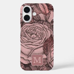 Coque Pour iPhone 16 Vintage Élégant Rose Motif Monogramme