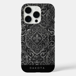 Coques iPhone 16 Pro Vintage Fleur de Lis   Black Silver Grunge Damask