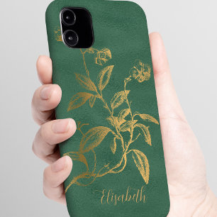 Coque Pour iPhone 16 Vintage fleuri or vert nom personnalisé