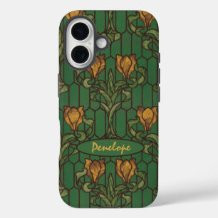 Coque Pour iPhone 16 Vintage Golden Tulips Art Nouveau Floral et nom